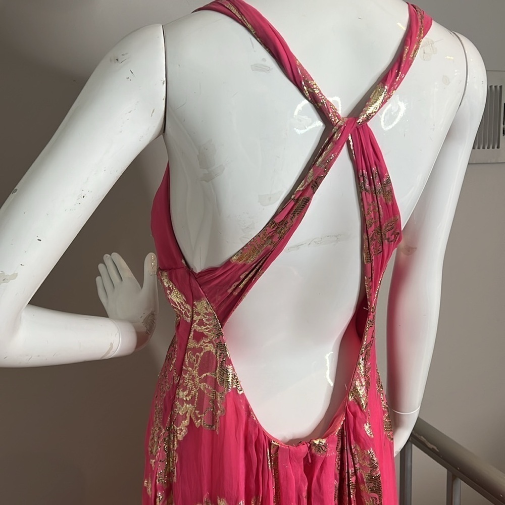 Xscape Sz 10 Pink Silk Gold Lurex Full Length Sleevles Gown Maxi Dress - Picture 9 of 14